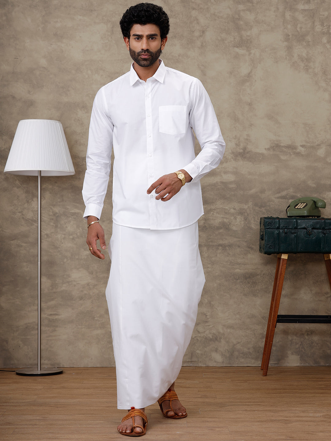 Men Labon White Shirt with Paramas Dhoti Combo