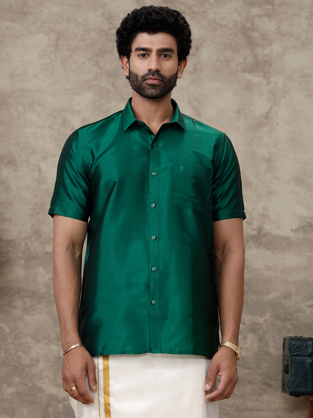 Men Silk Feel Dark Green Half Sleeves Shirt SFC06