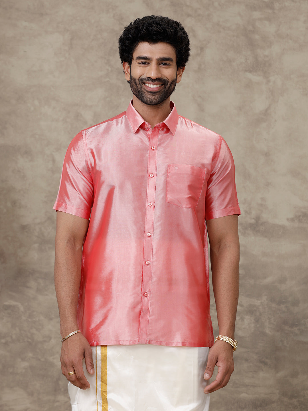 Men Silk Feel Pink Colour Half Sleeves Shirt SFC02