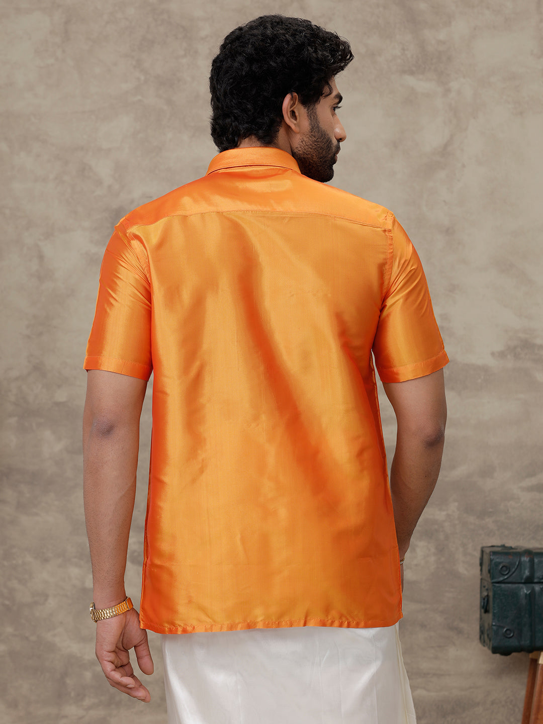 Men Pure Silk Half Sleeves Shirt Golden Orange