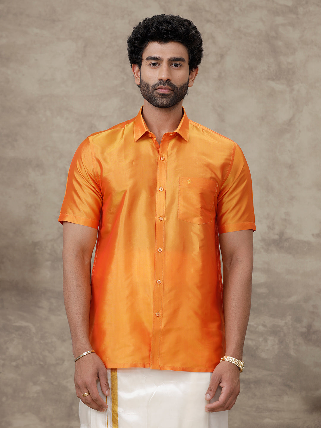 Men Pure Silk Half Sleeves Shirt Golden Orange