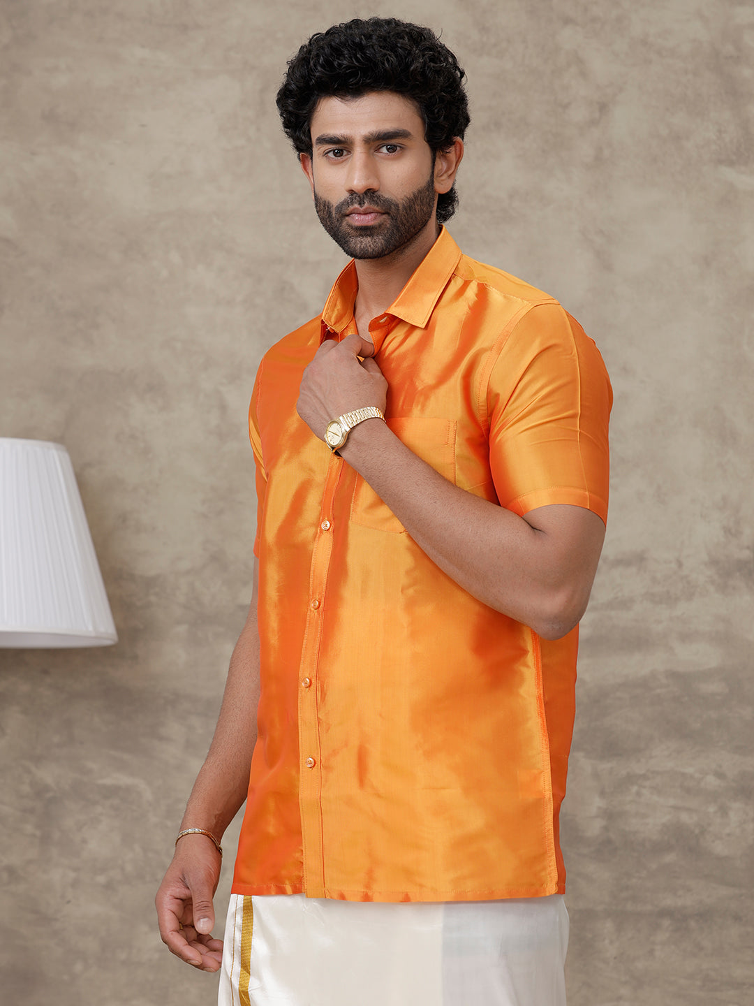 Men Pure Silk Half Sleeves Shirt Golden Orange