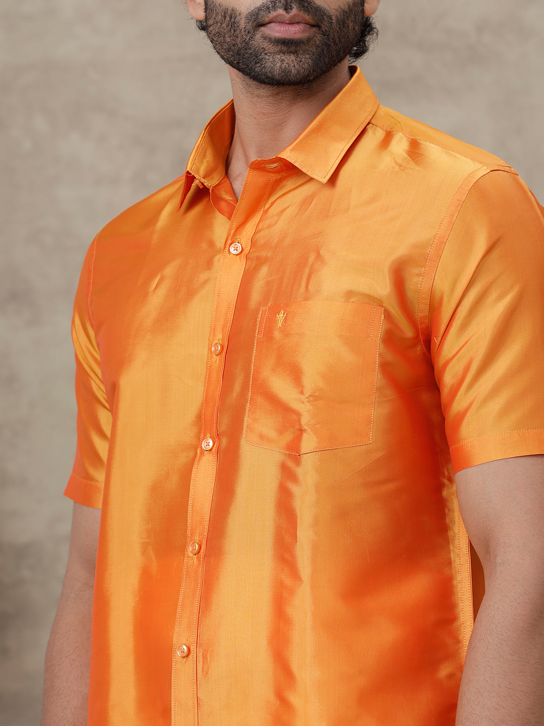 Men Pure Silk Half Sleeves Shirt Golden Orange