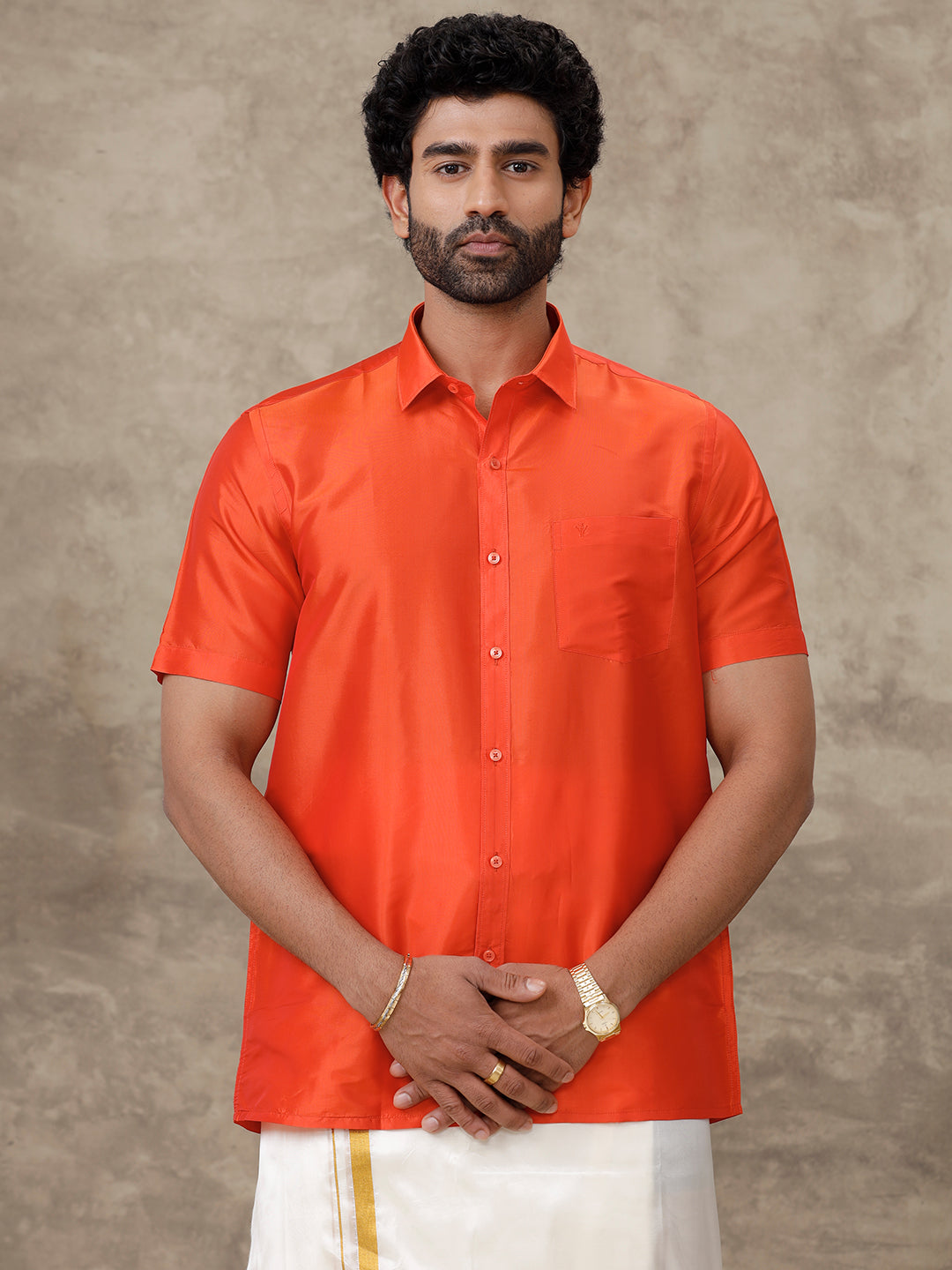 Men Silk Feel Dark Orange Half Sleeves Shirt SFC07