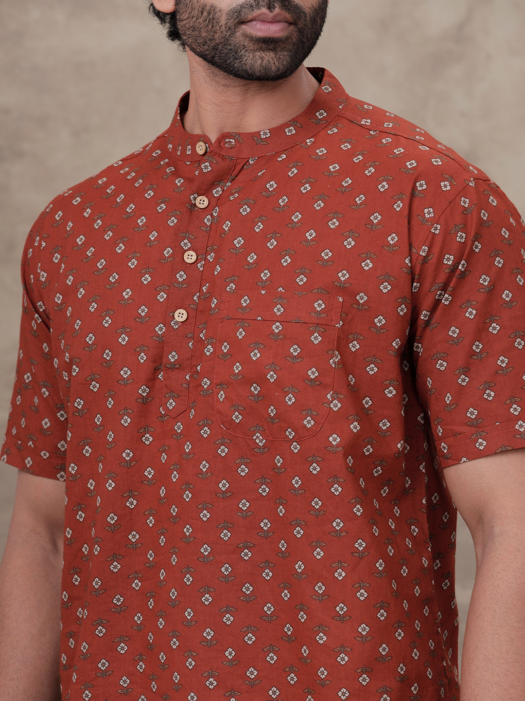 Men Short Length Pocket Kurta Red Floral OD1