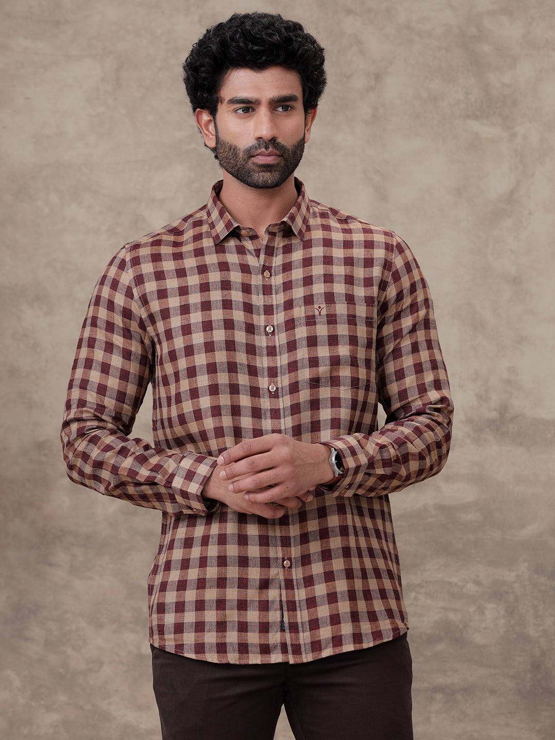 Men Pure Linen Peacock Maroon Brown Checked Shirts LS81