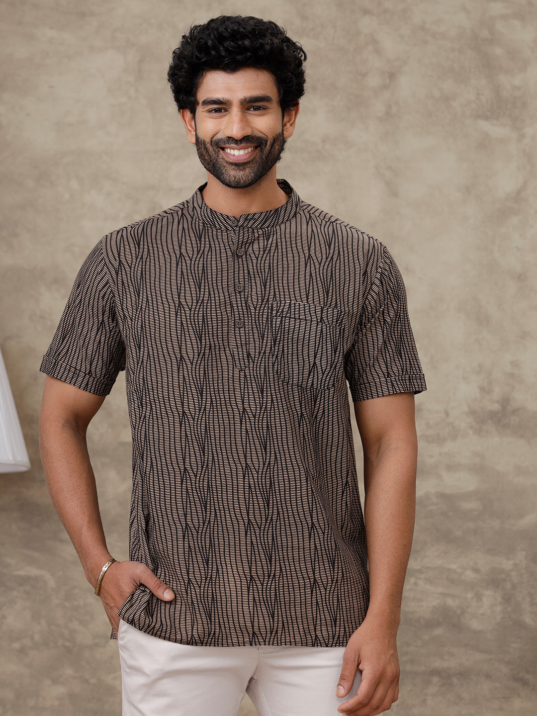 Men Short Length Pocket Kurta Browny Black OD40