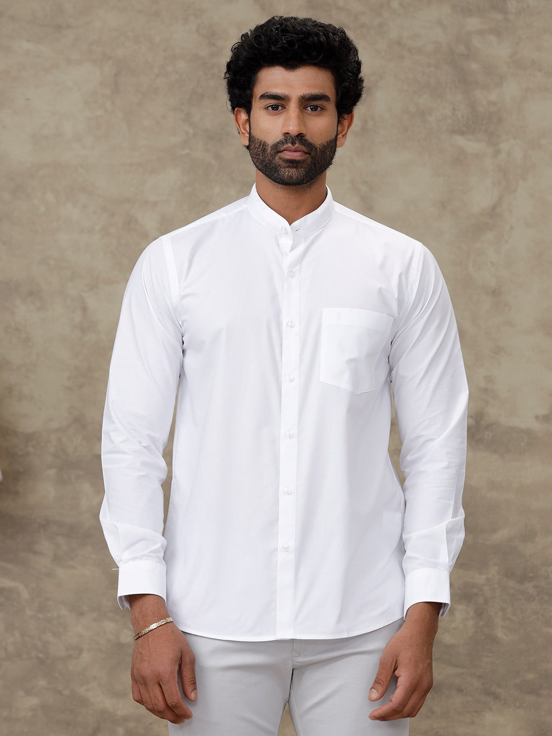 Men Cotton Blend Chinese Collar White Shirt Aura