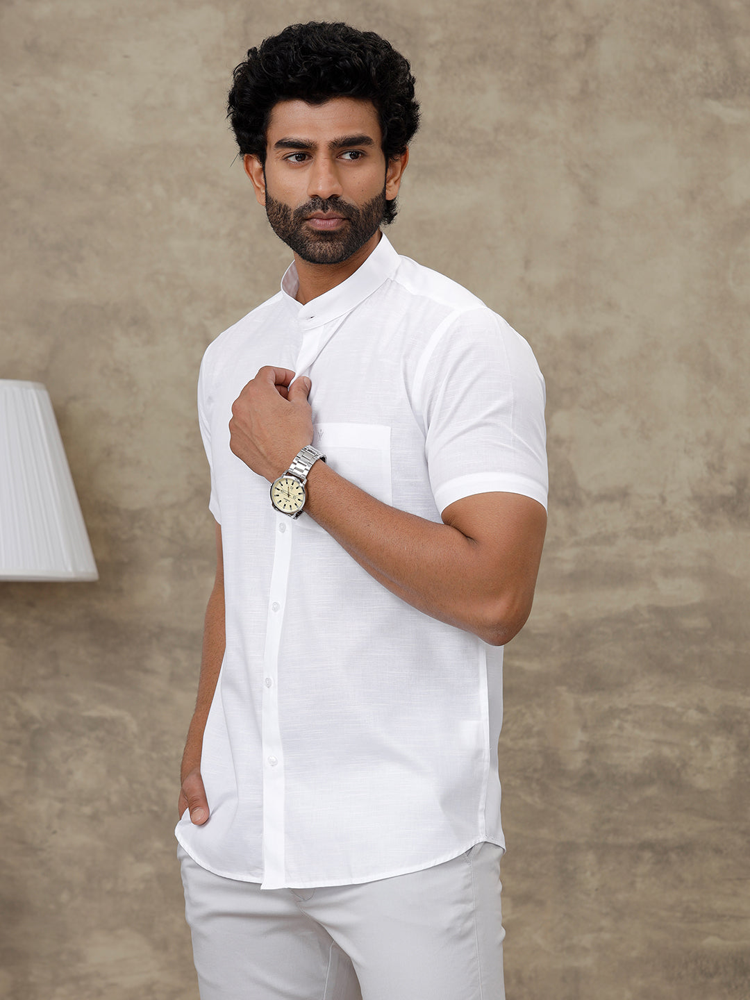 Men Cotton Blend Chinese Collar White Shirt Craft