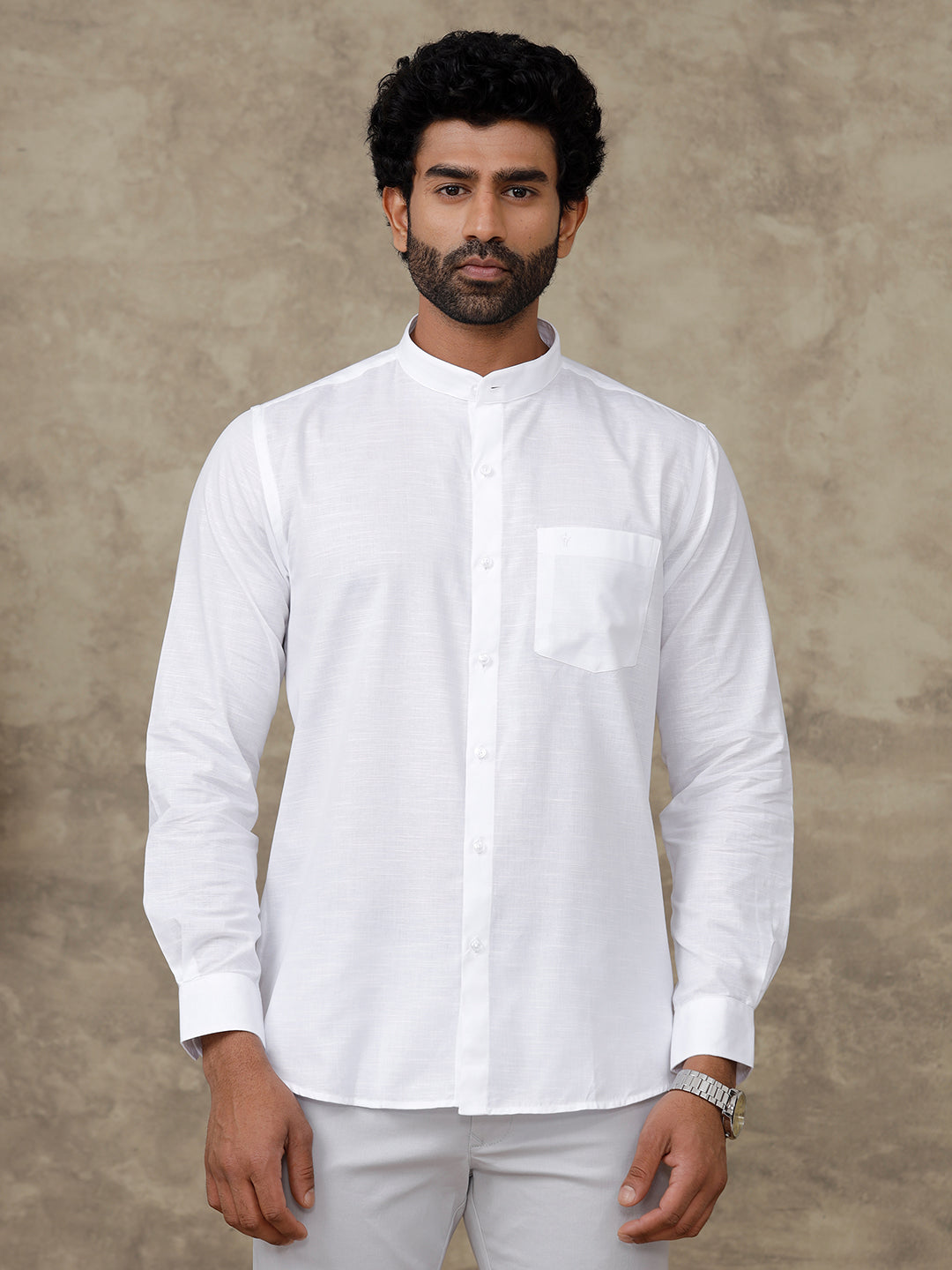 Men Cotton Blend Chinese Collar White Shirt Craft