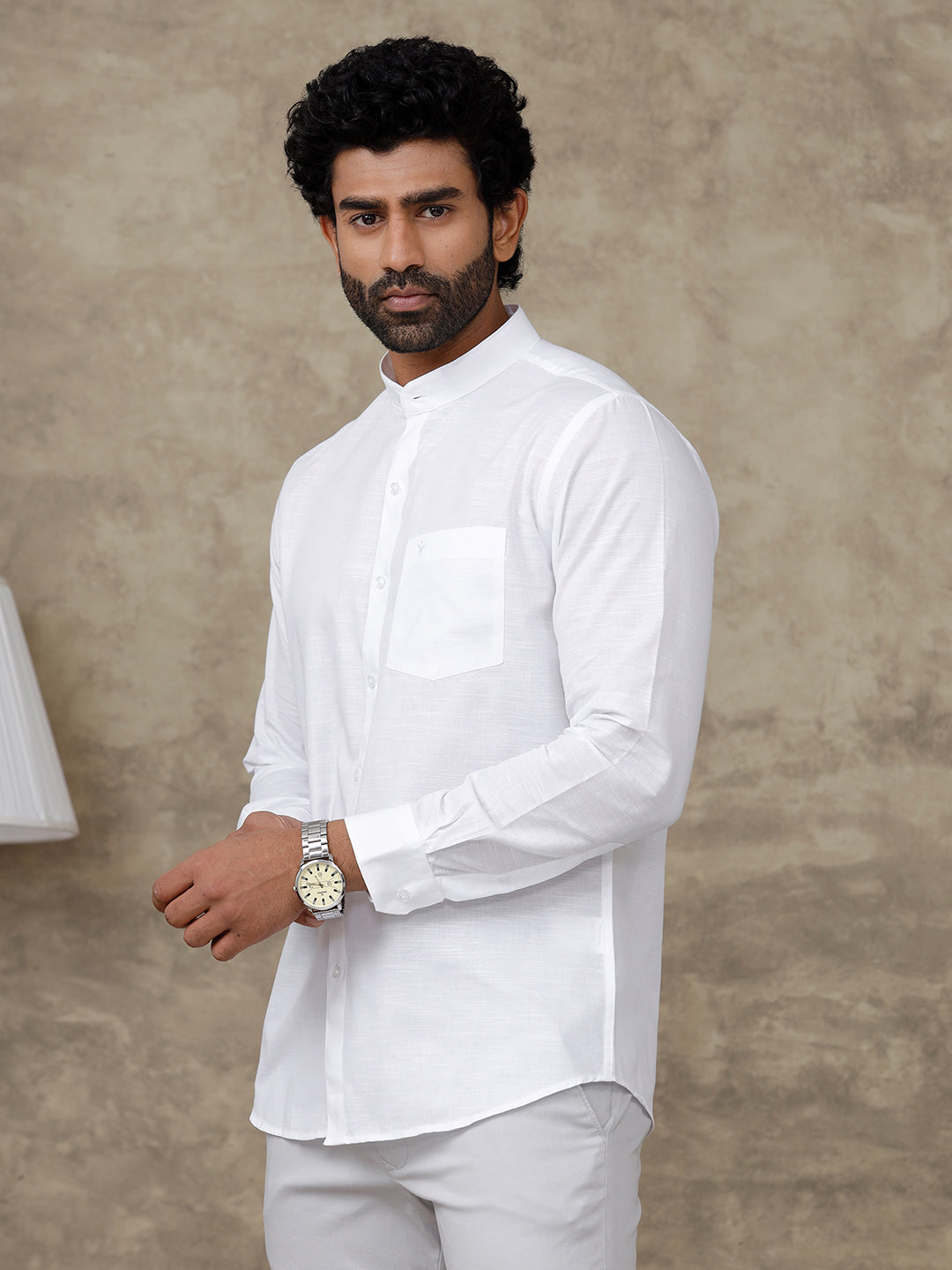 Men Cotton Blend Chinese Collar White Shirt Craft