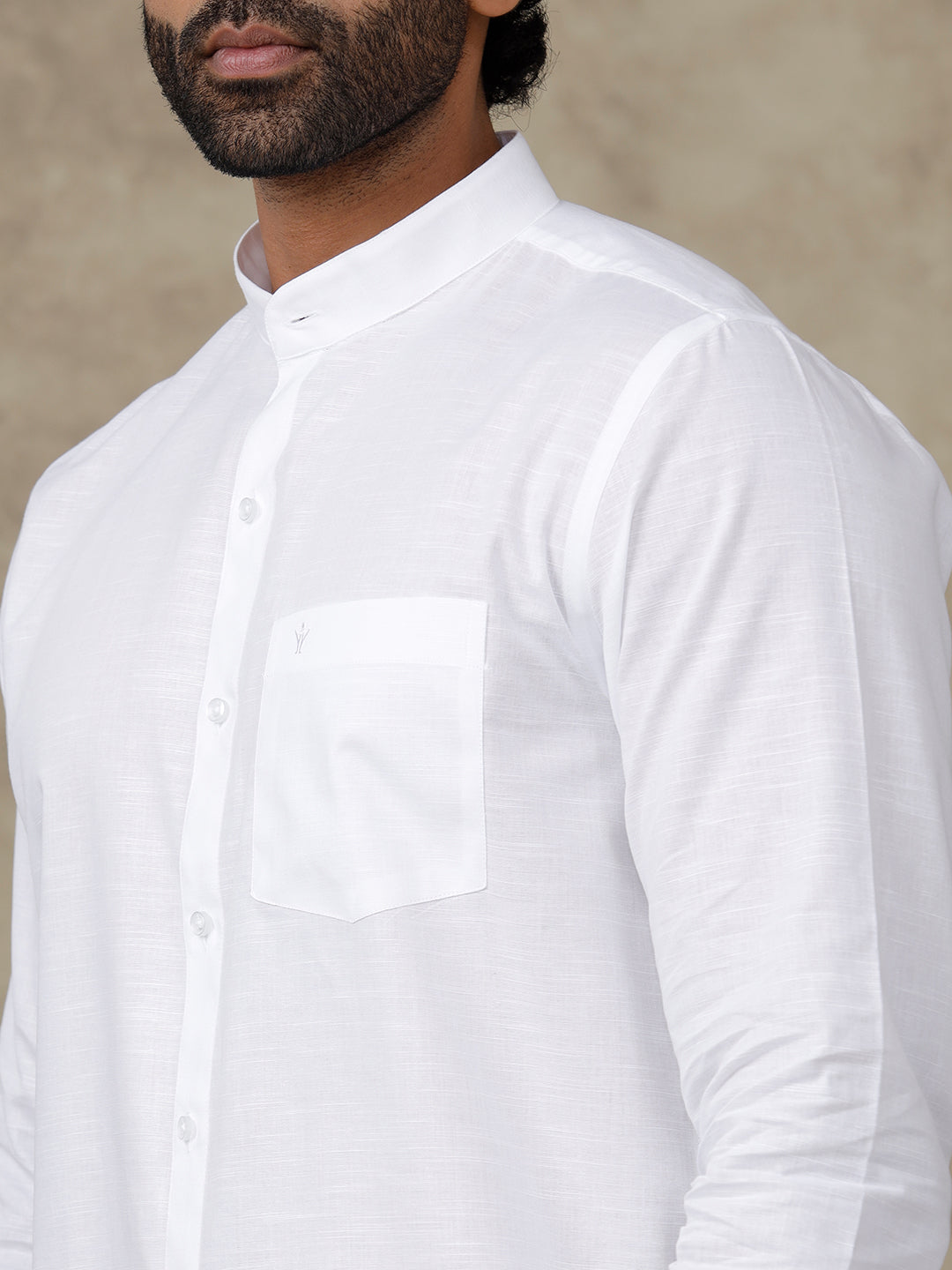 Men Cotton Blend Chinese Collar White Shirt Craft