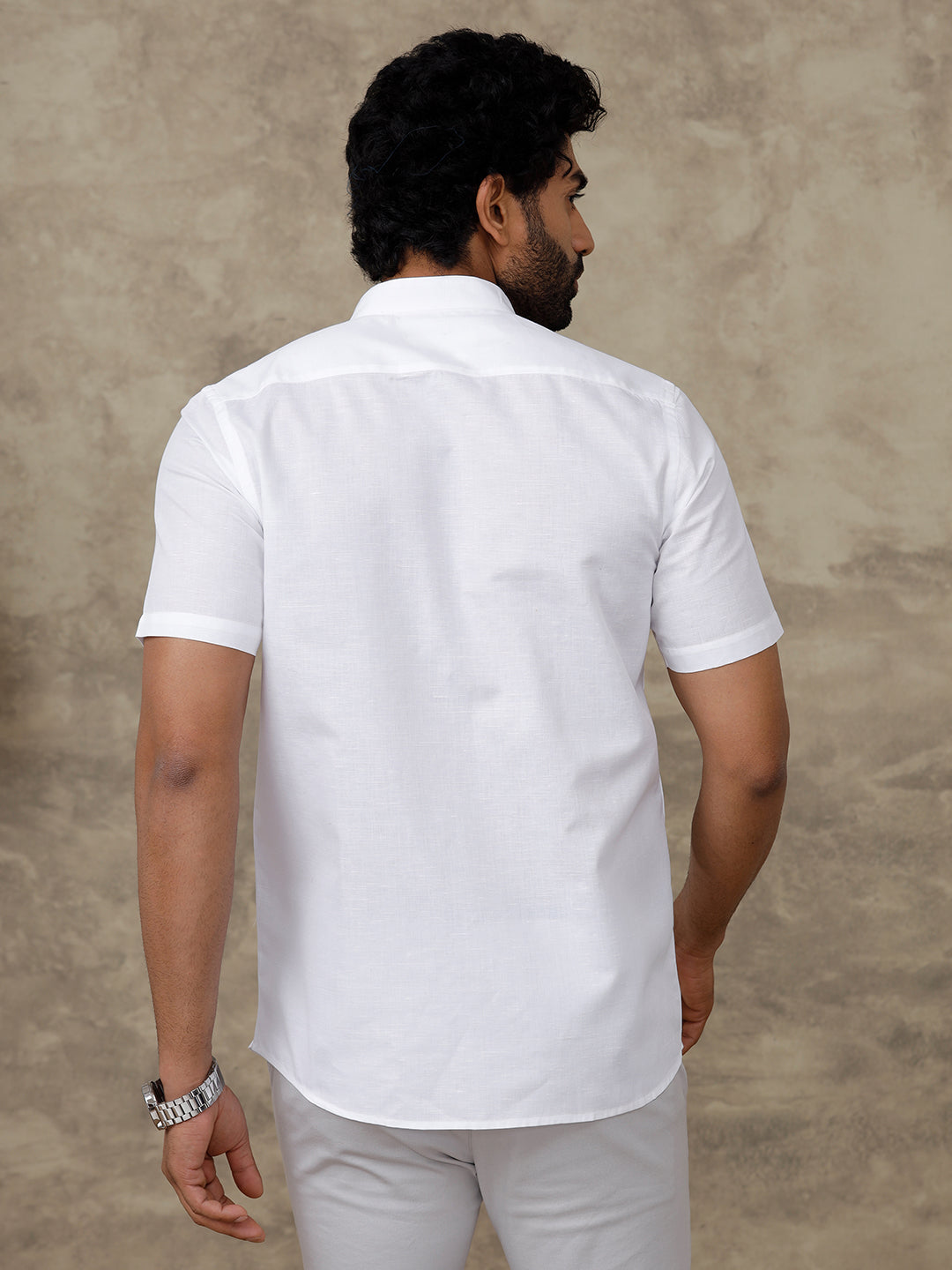 Men Linen Cotton Chinese Collar White Half Sleeves Shirt Craze