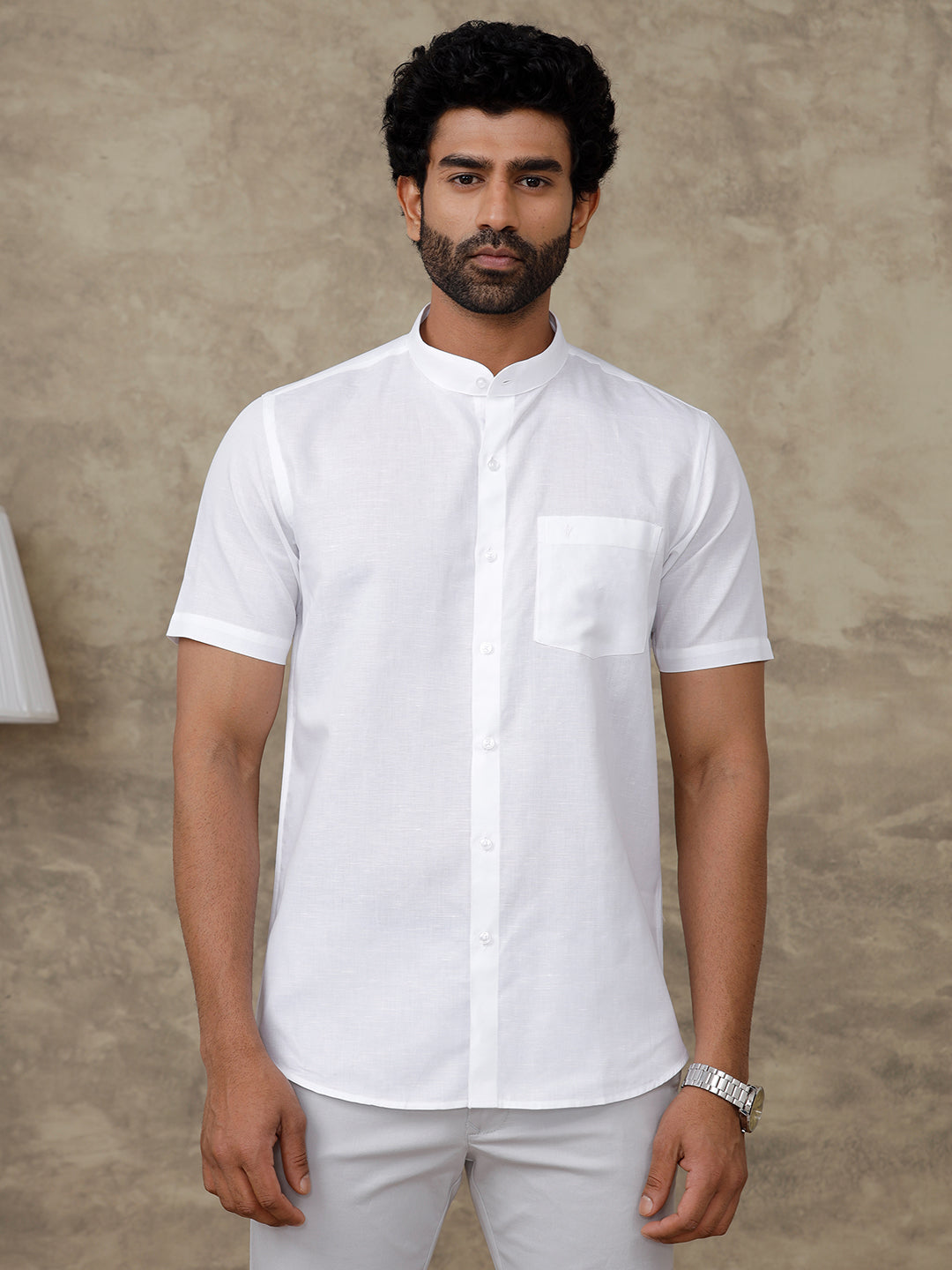 Men Linen Cotton Chinese Collar White Half Sleeves Shirt Craze