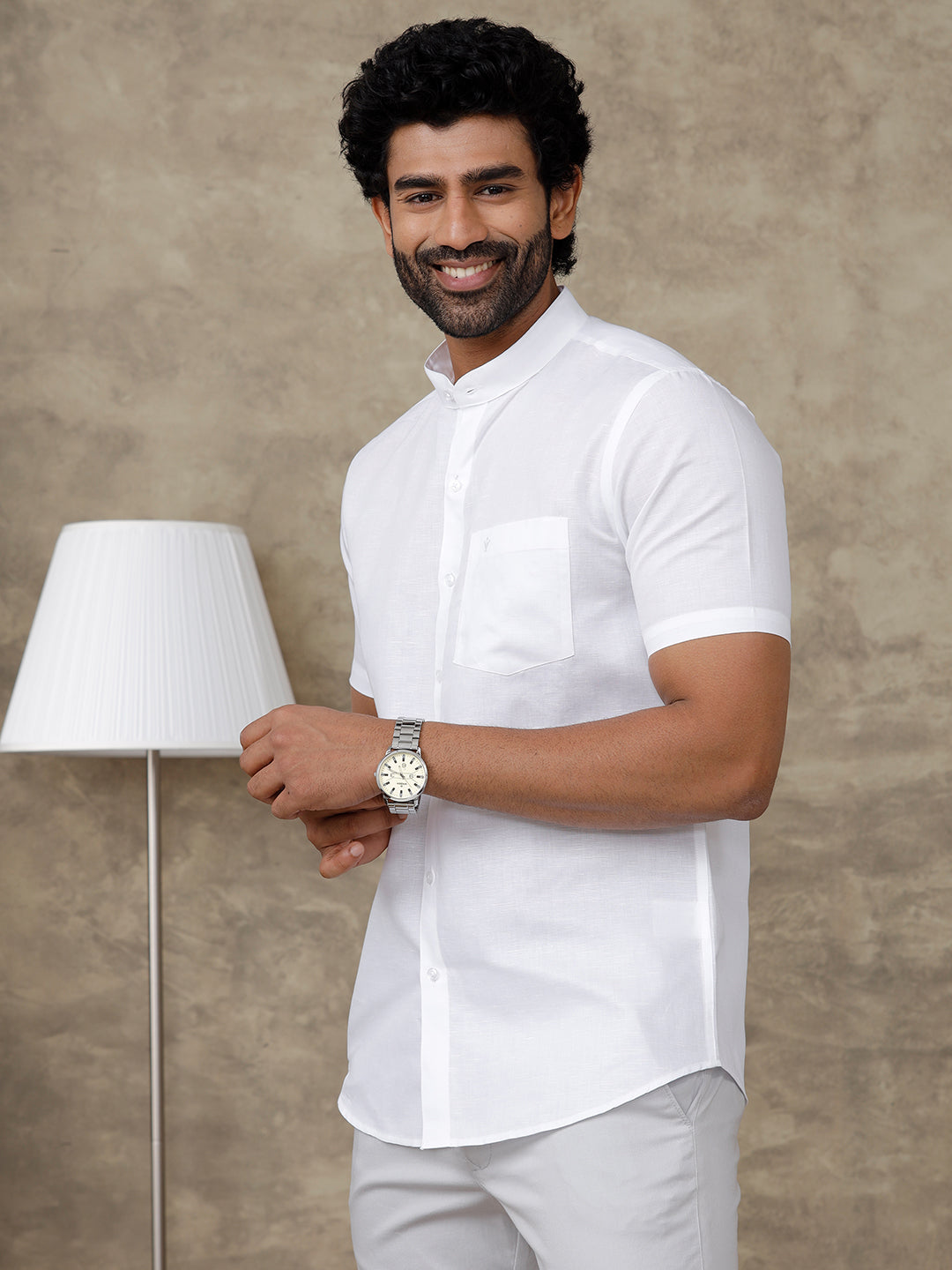 Men Linen Cotton Chinese Collar White Half Sleeves Shirt Craze