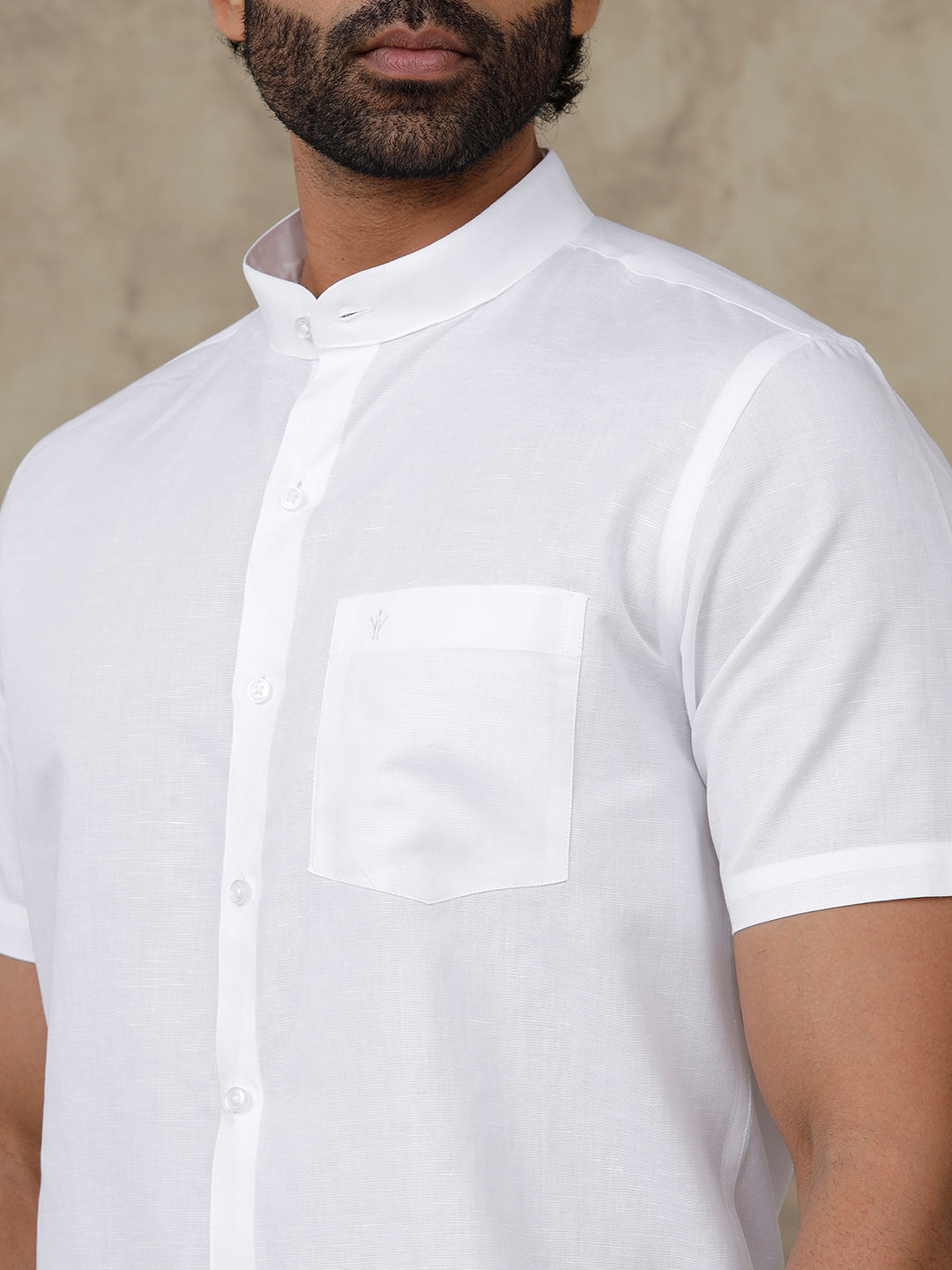 Men Linen Cotton Chinese Collar White Half Sleeves Shirt Craze