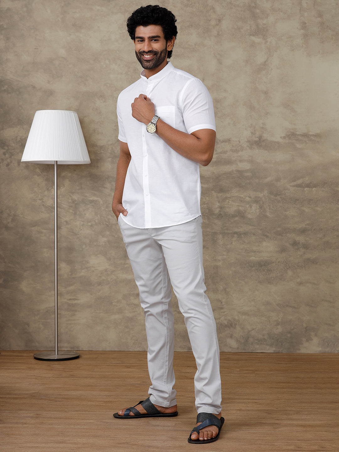 Men Linen Cotton Chinese Collar White Half Sleeves Shirt Craze