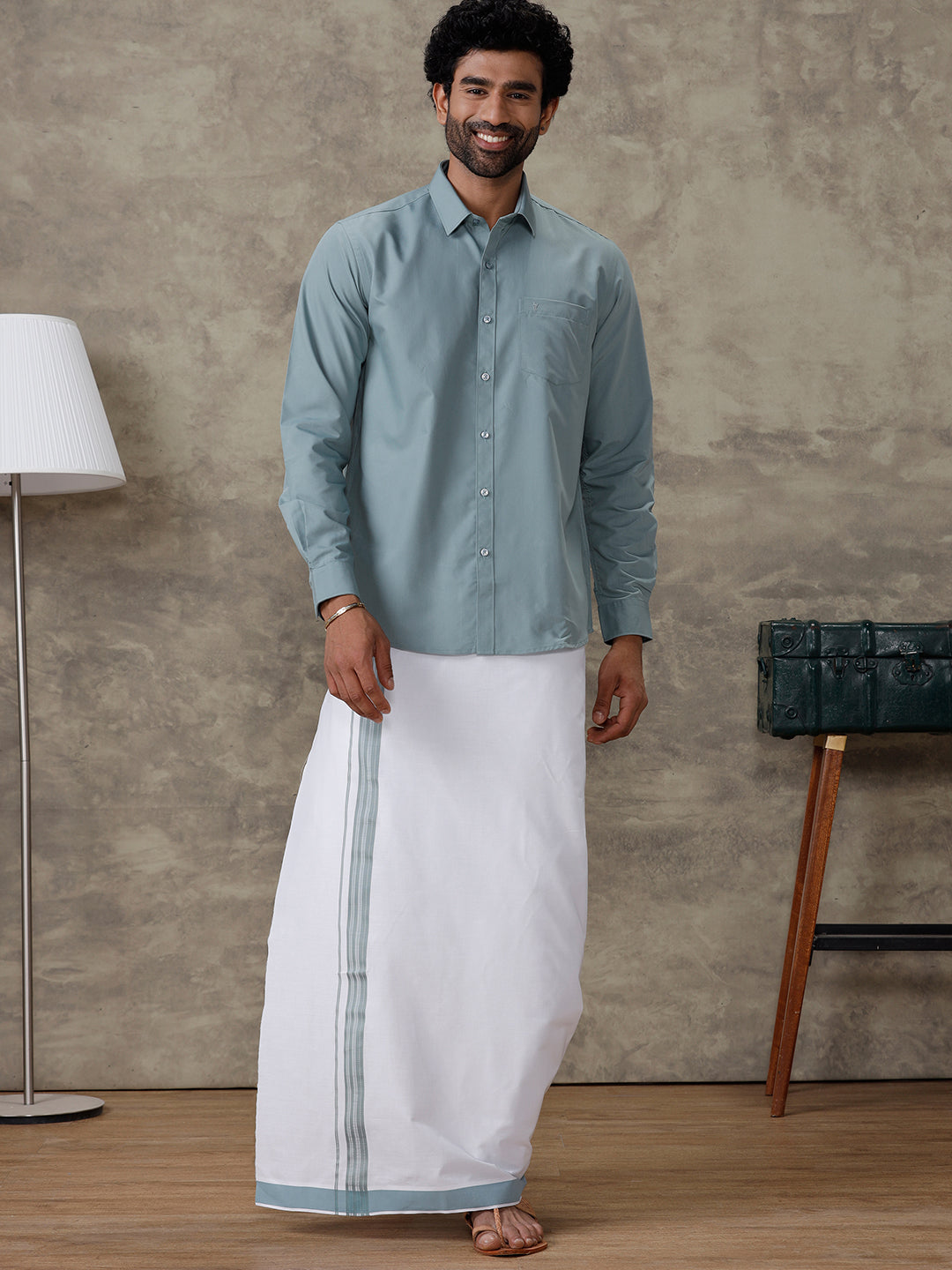 Men Pewter Grey Shirt With Matching Border Dhoti Set Trendy