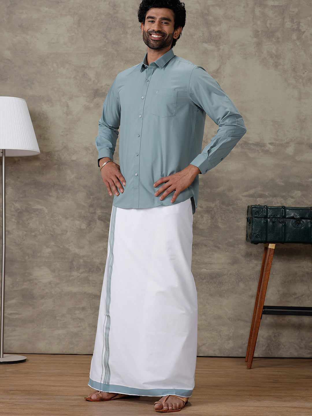 Men Pewter Grey Shirt With Matching Border Dhoti Set Trendy