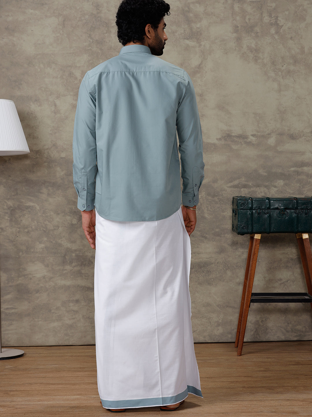 Men Pewter Grey Shirt With Matching Border Dhoti Set Trendy