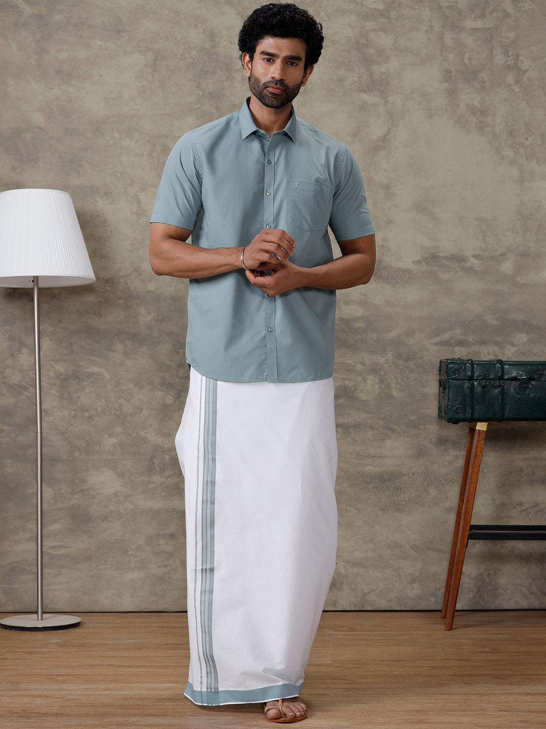 Men Pewter Grey Shirt With Matching Border Dhoti Set Trendy