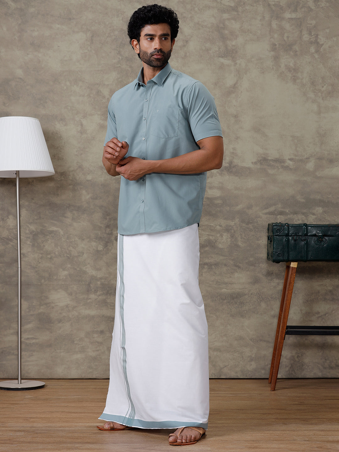 Men Pewter Grey Shirt With Matching Border Dhoti Set Trendy