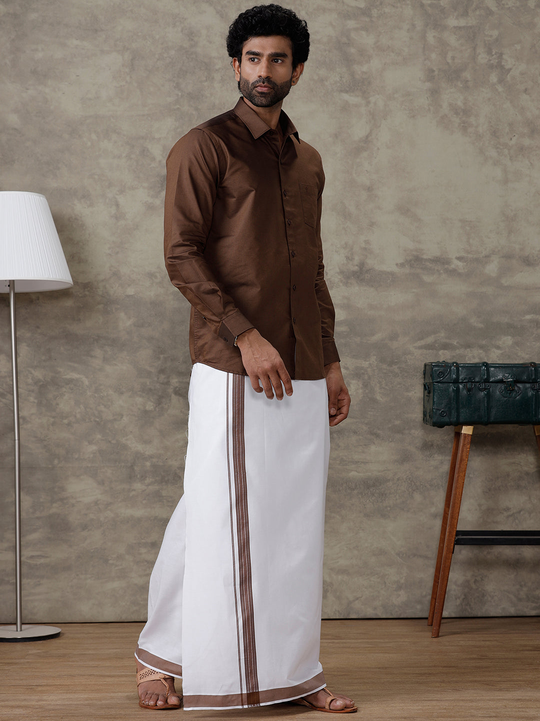 Men Dark Brown Shirt With Matching Border Dhoti Set Evolution