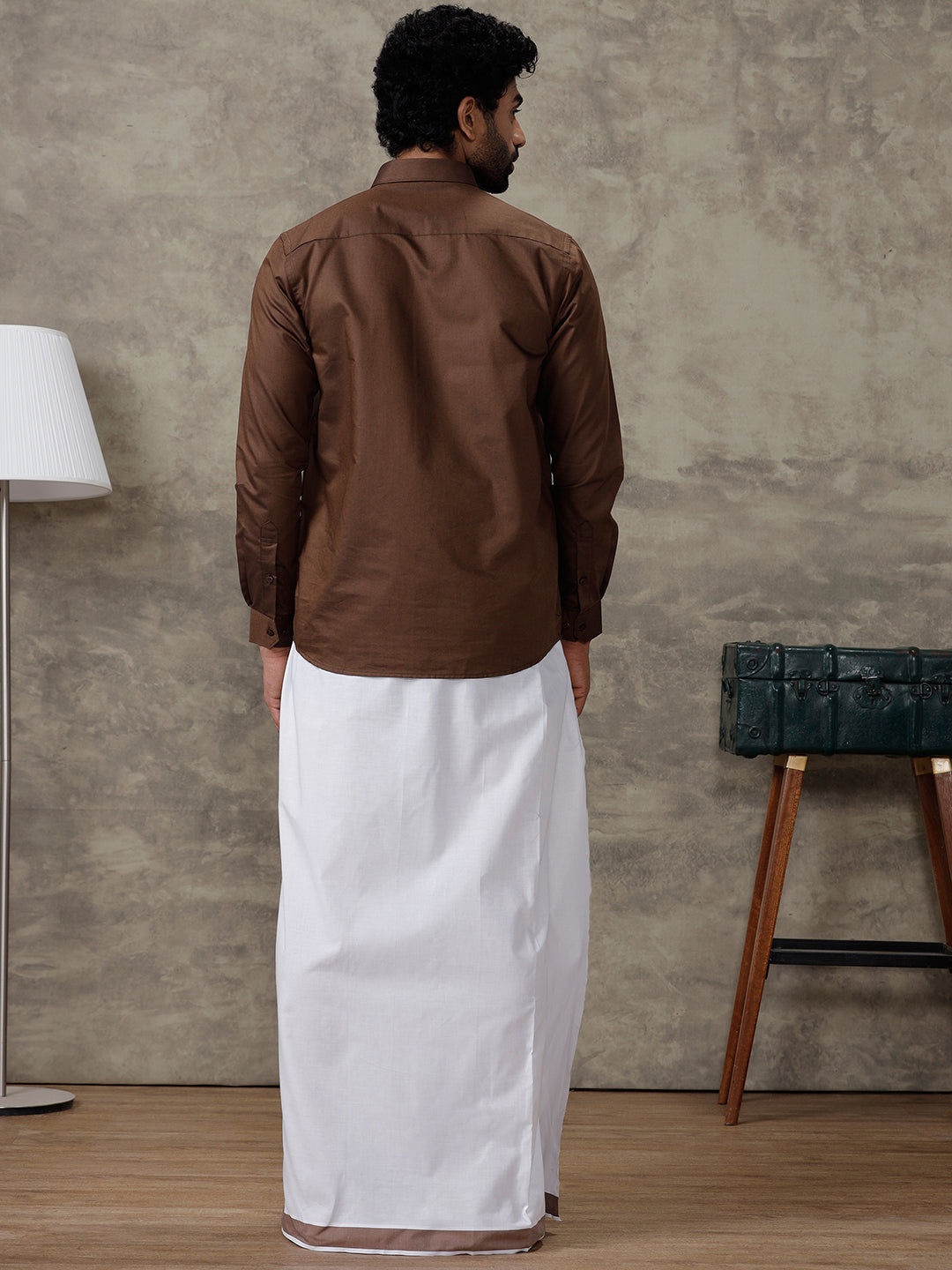 Men Dark Brown Shirt With Matching Border Dhoti Set Evolution