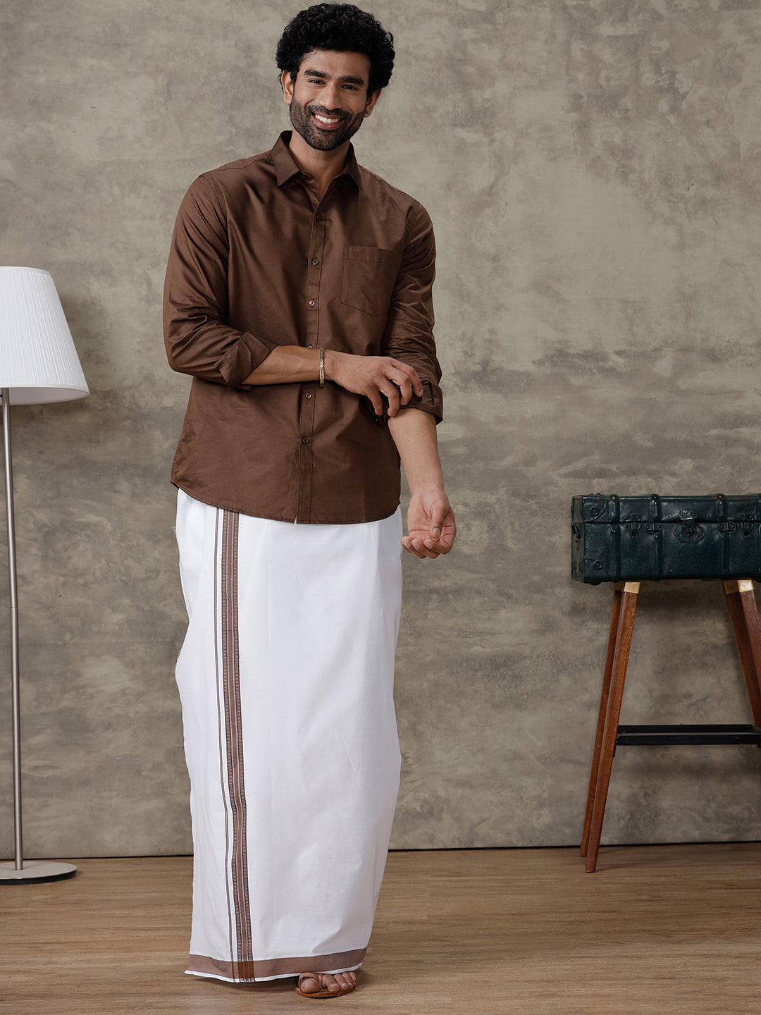 Men Dark Brown Shirt With Matching Border Dhoti Set Evolution