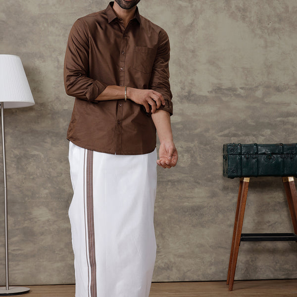 Men Dark Brown Shirt With Matching Border Dhoti Set Evolution 38 cm / Half