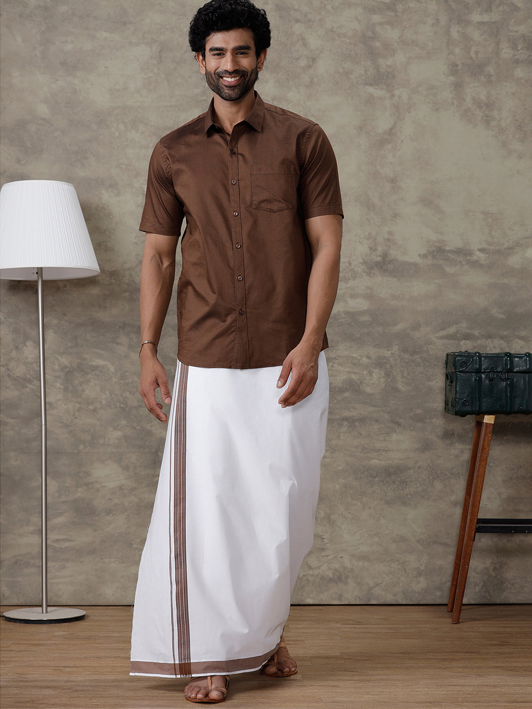 Men Dark Brown Shirt With Matching Border Dhoti Set Evolution