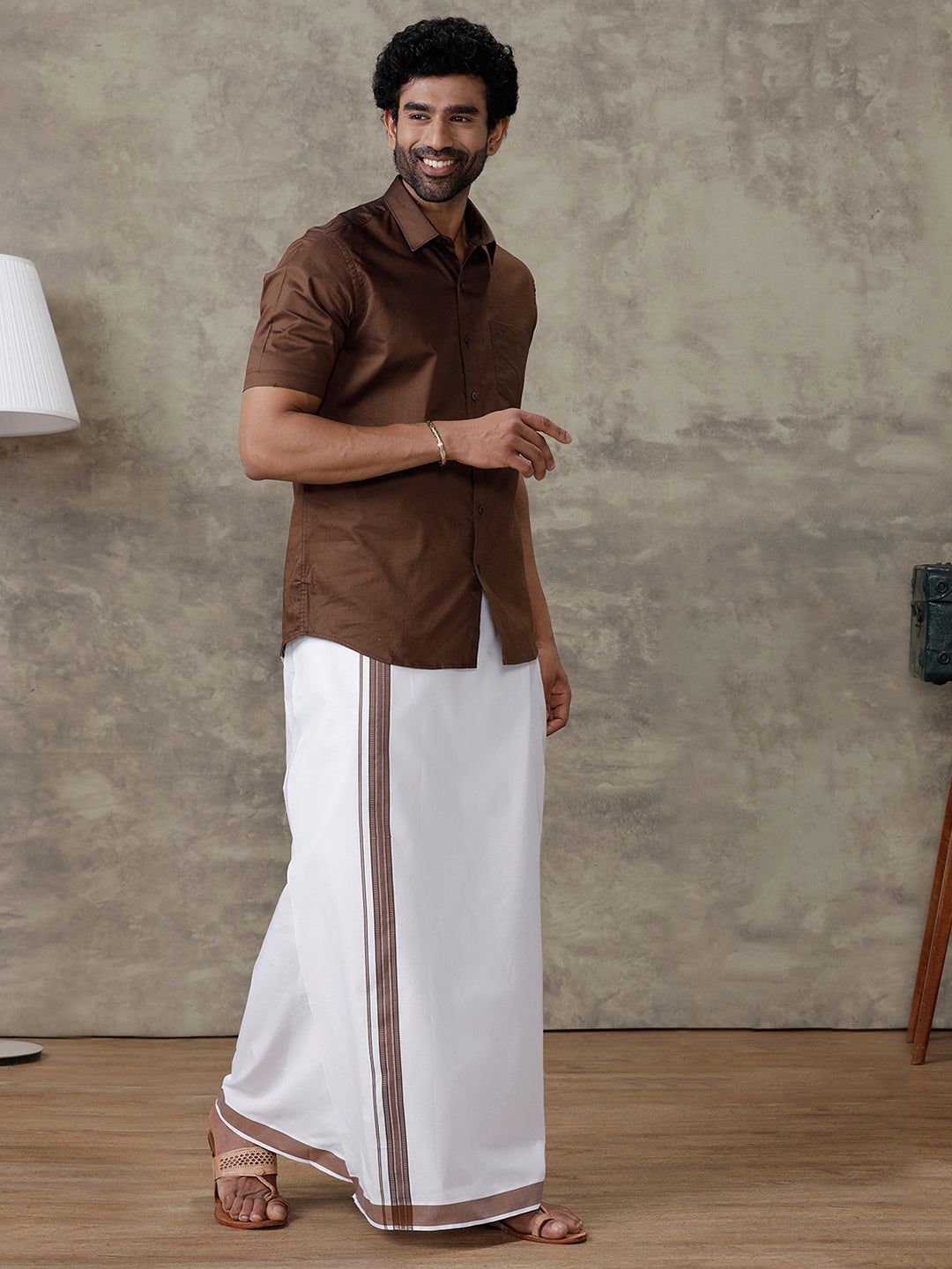 Men Dark Brown Shirt With Matching Border Dhoti Set Evolution