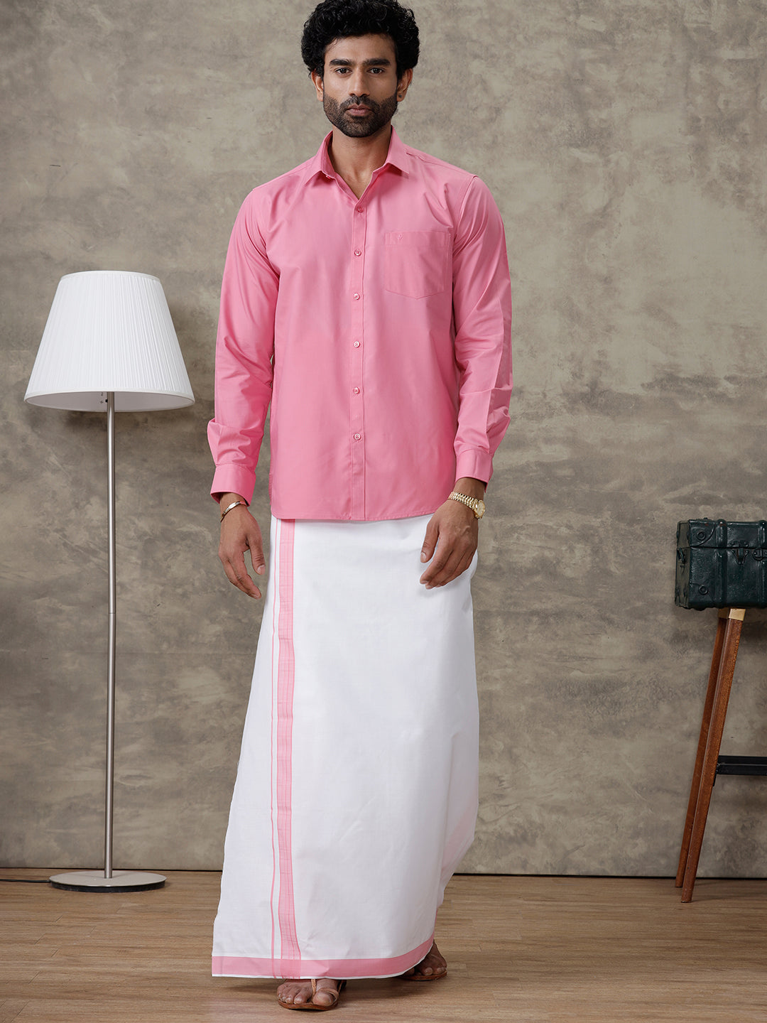 Men Persian Pink Shirt With Matching Border Dhoti Set Trendy