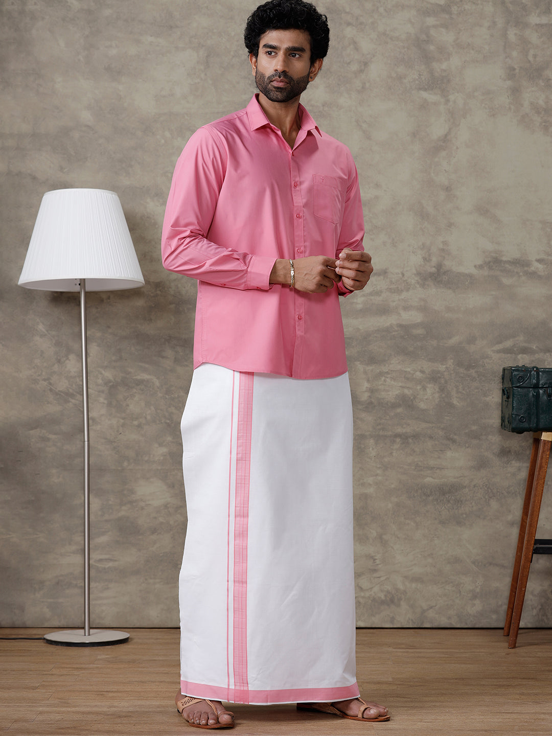 Men Persian Pink Shirt With Matching Border Dhoti Set Trendy