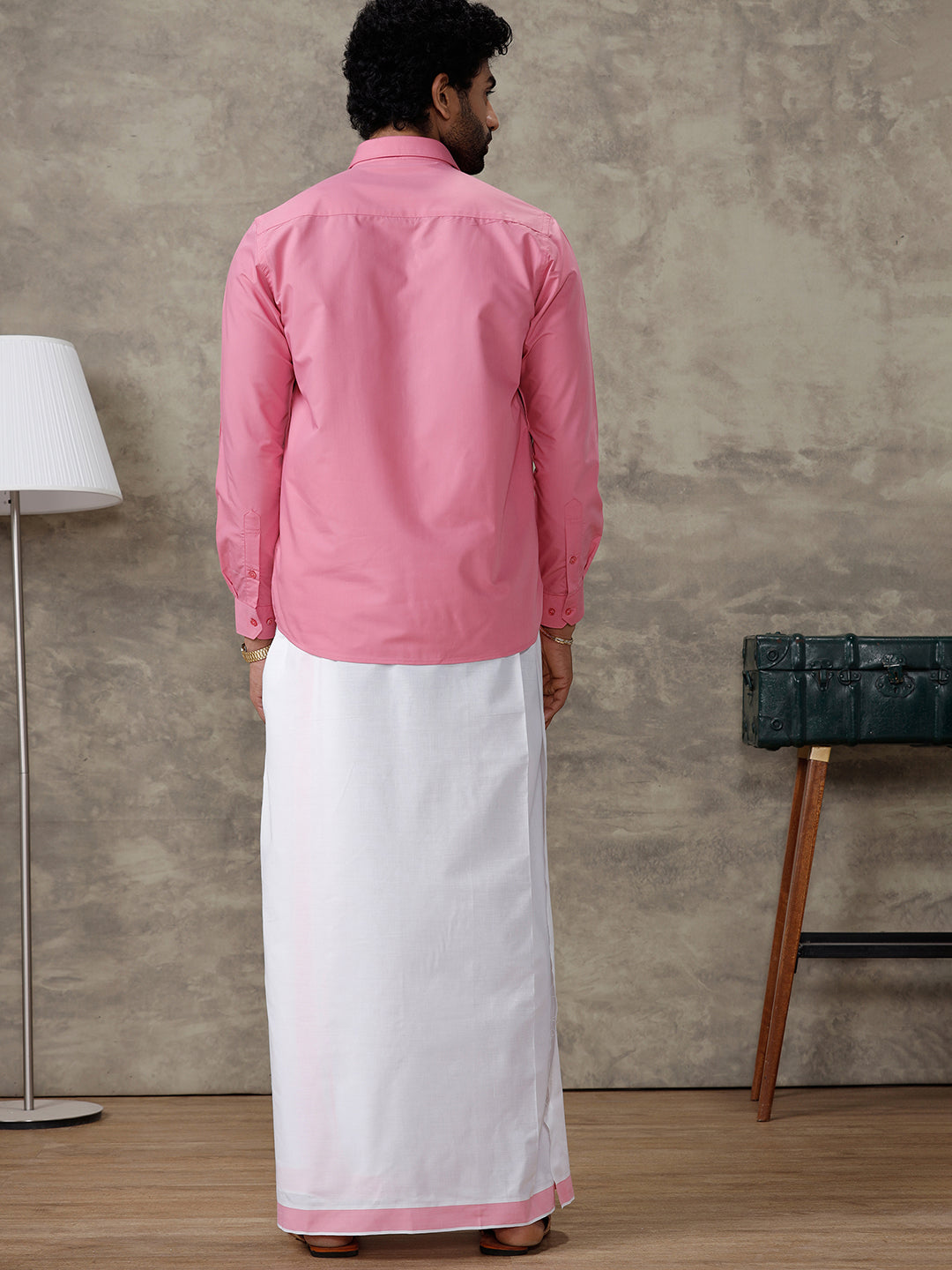 Men Persian Pink Shirt With Matching Border Dhoti Set Trendy