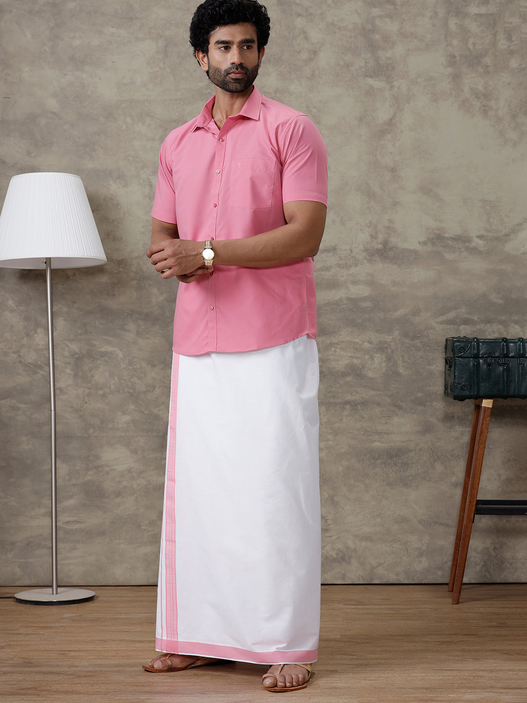 Men Persian Pink Shirt With Matching Border Dhoti Set Trendy