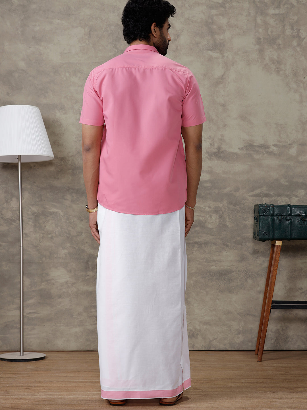 Men Persian Pink Shirt With Matching Border Dhoti Set Trendy