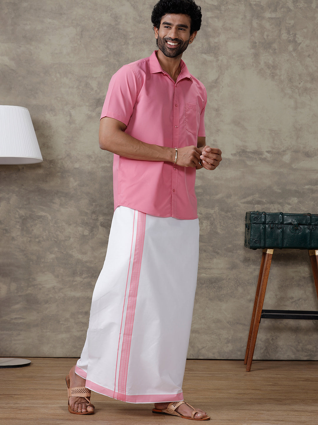 Men Persian Pink Shirt With Matching Border Dhoti Set Trendy