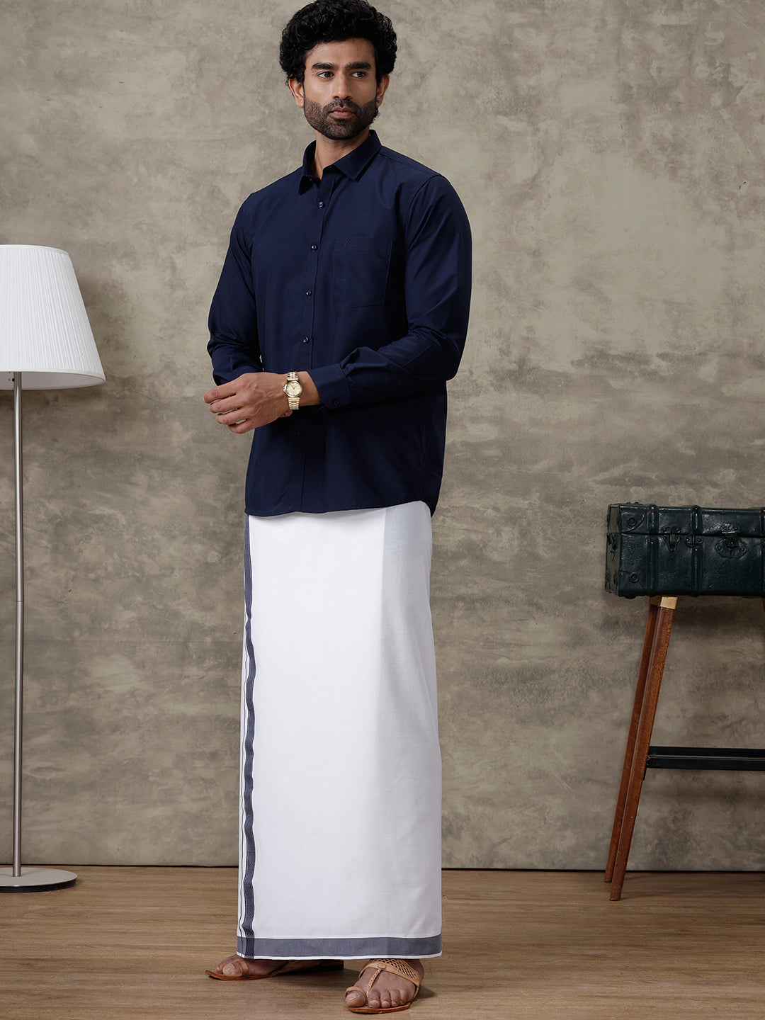 Men Blue Zodiac Shirt With Matching Border Dhoti Set Trendy