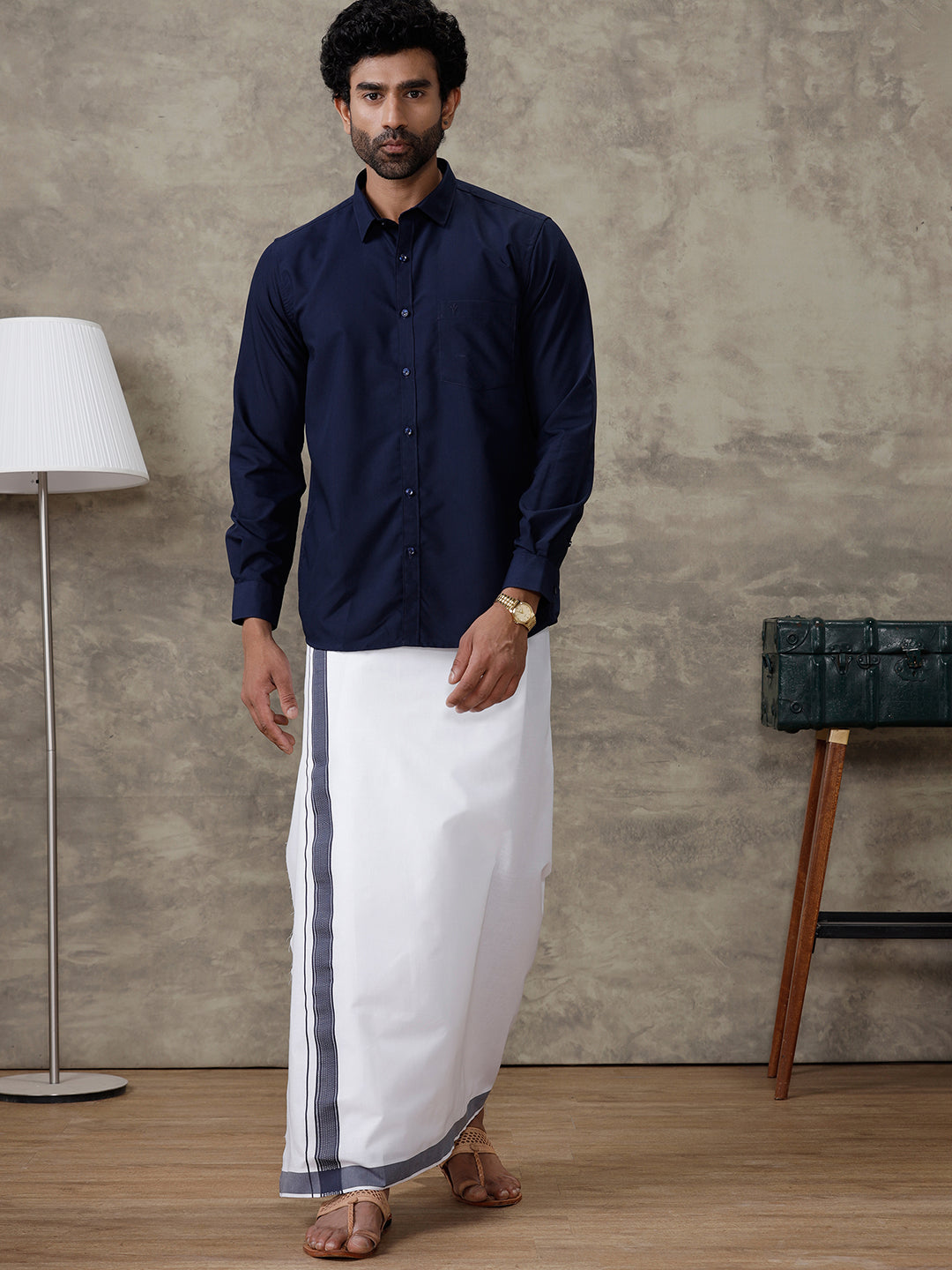 Men Blue Zodiac Shirt With Matching Border Dhoti Set Trendy