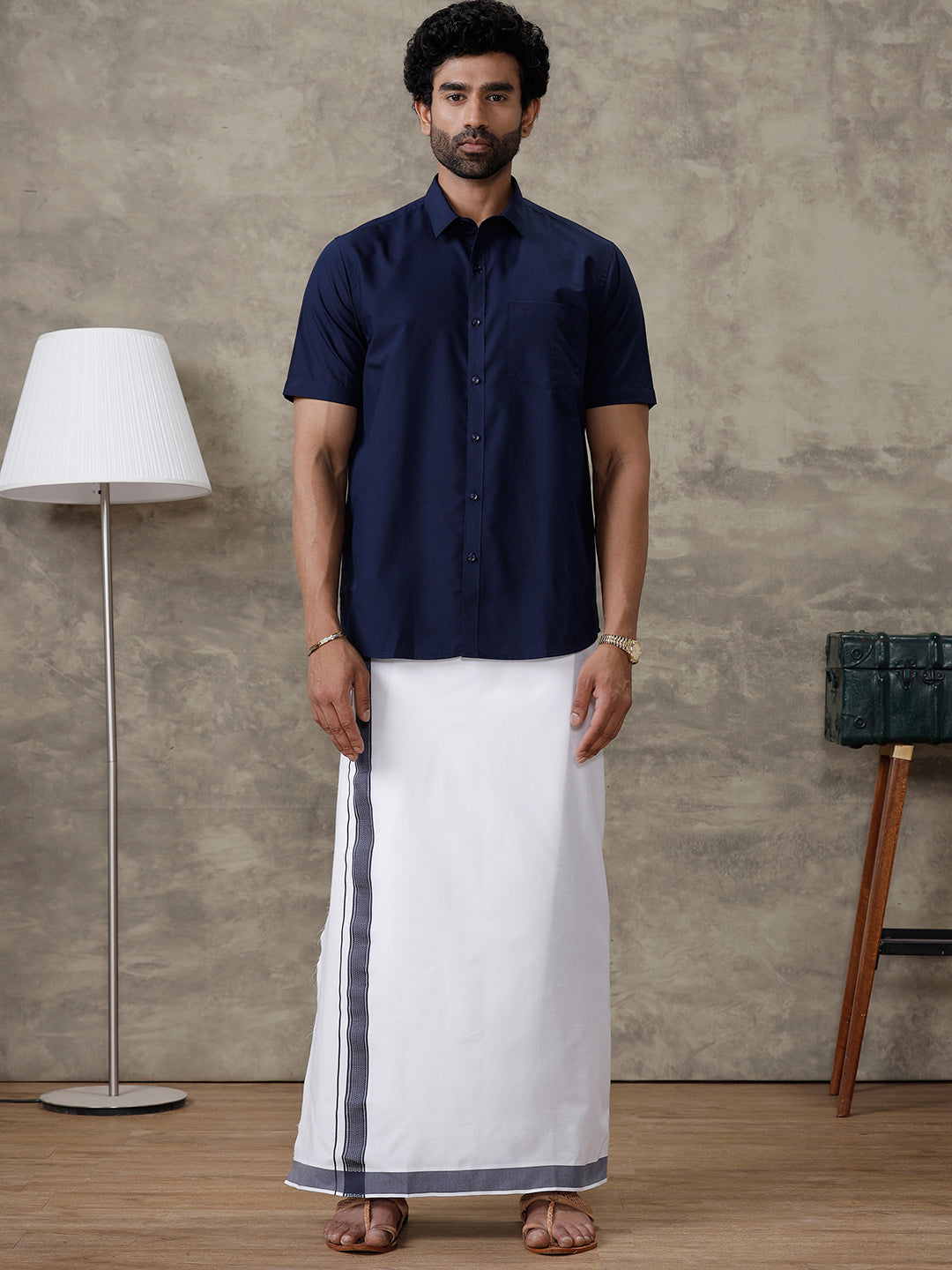 Men Blue Zodiac Shirt With Matching Border Dhoti Set Trendy