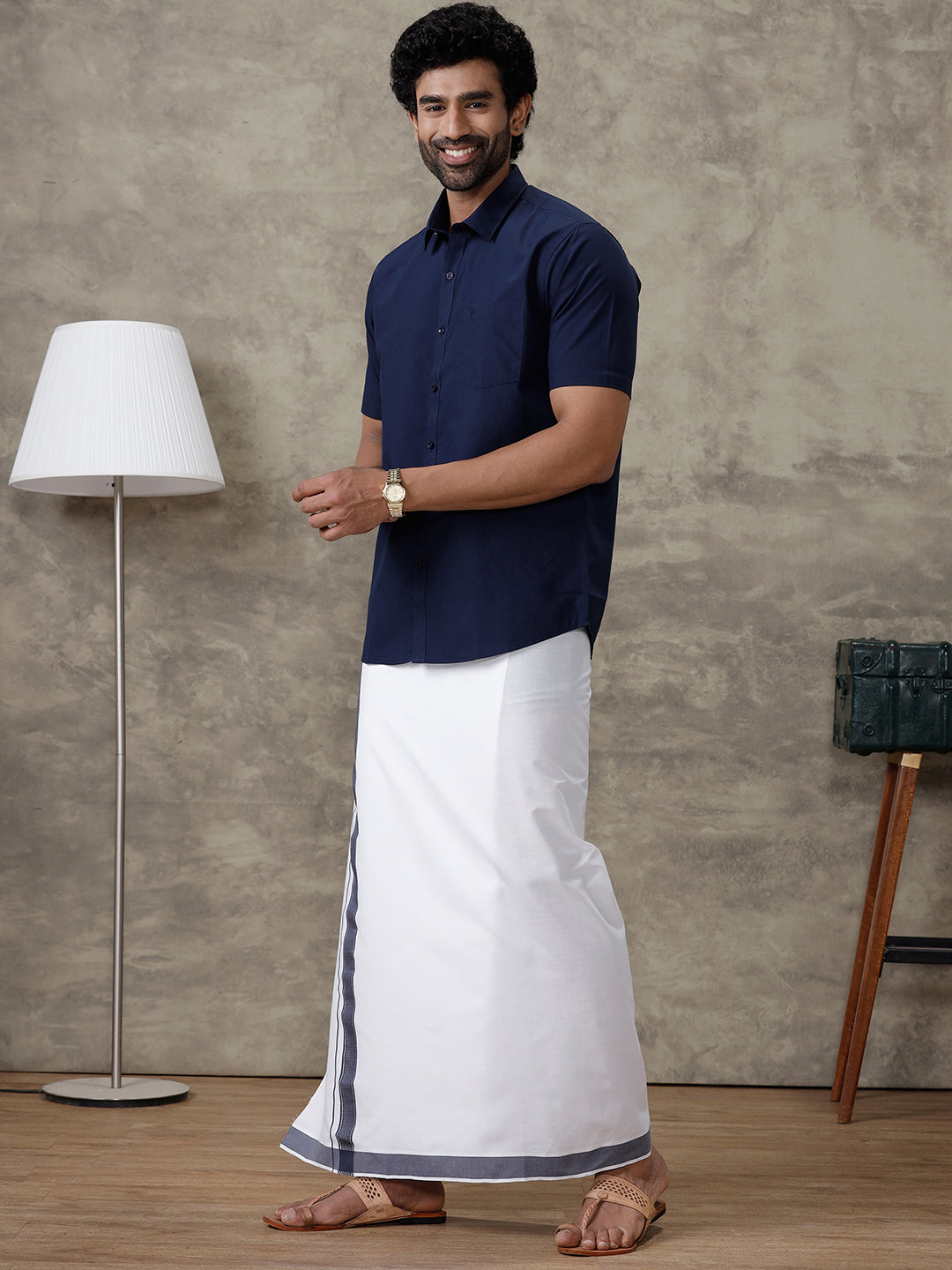 Men Blue Zodiac Shirt With Matching Border Dhoti Set Trendy