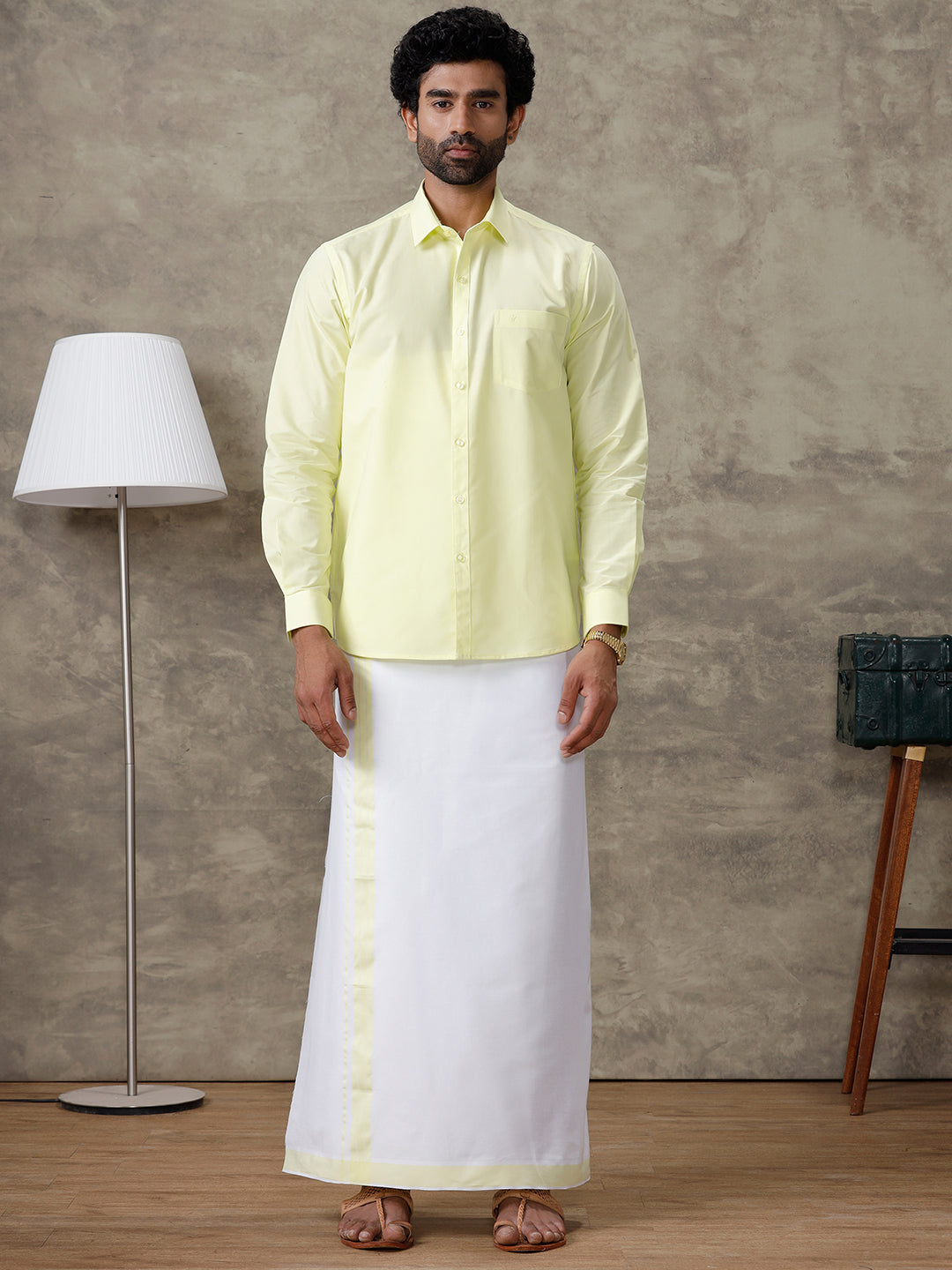 Men Laser Lemon Shirt With Matching Border Dhoti Set Trendy