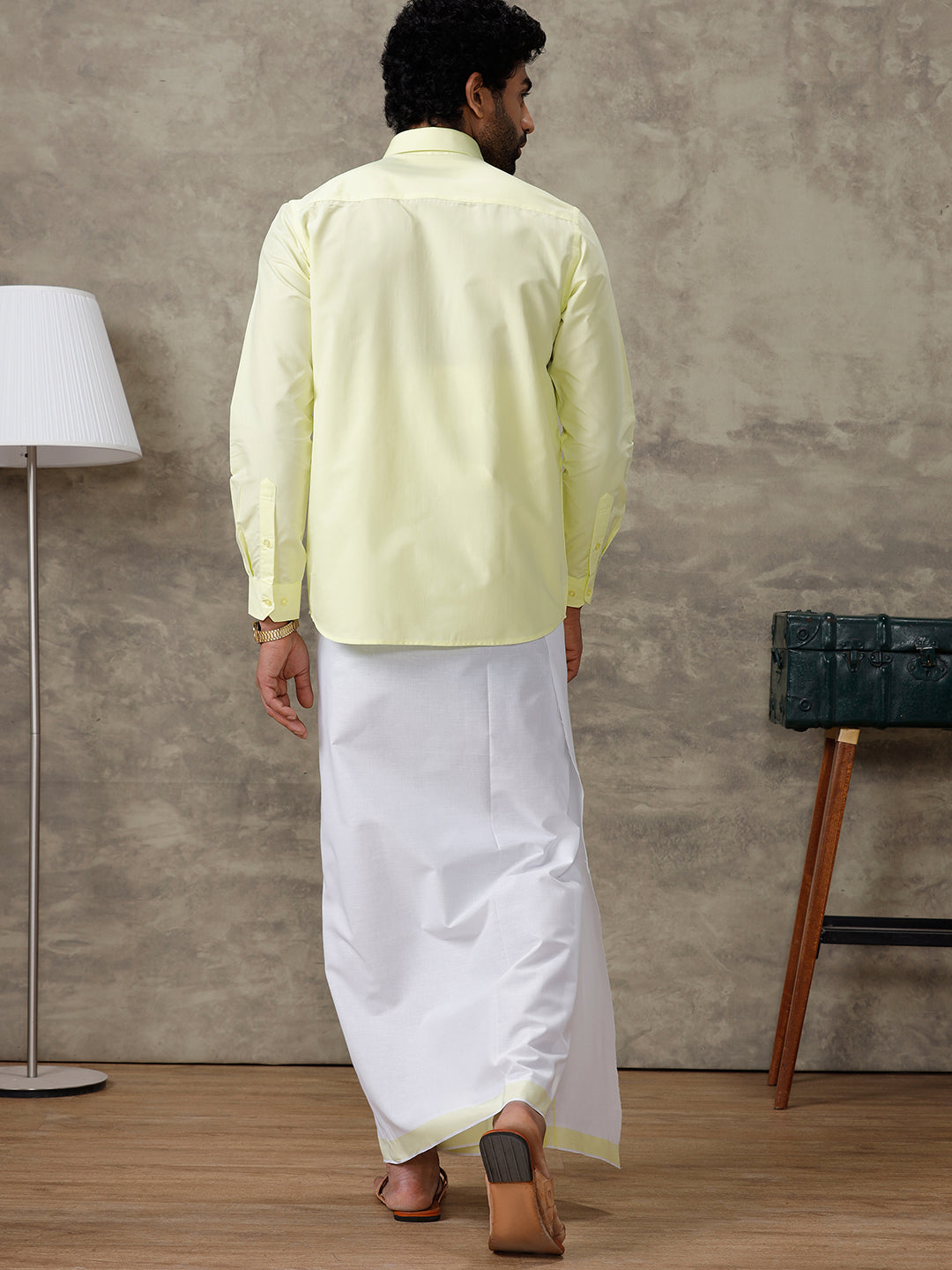 Men Laser Lemon Shirt With Matching Border Dhoti Set Trendy