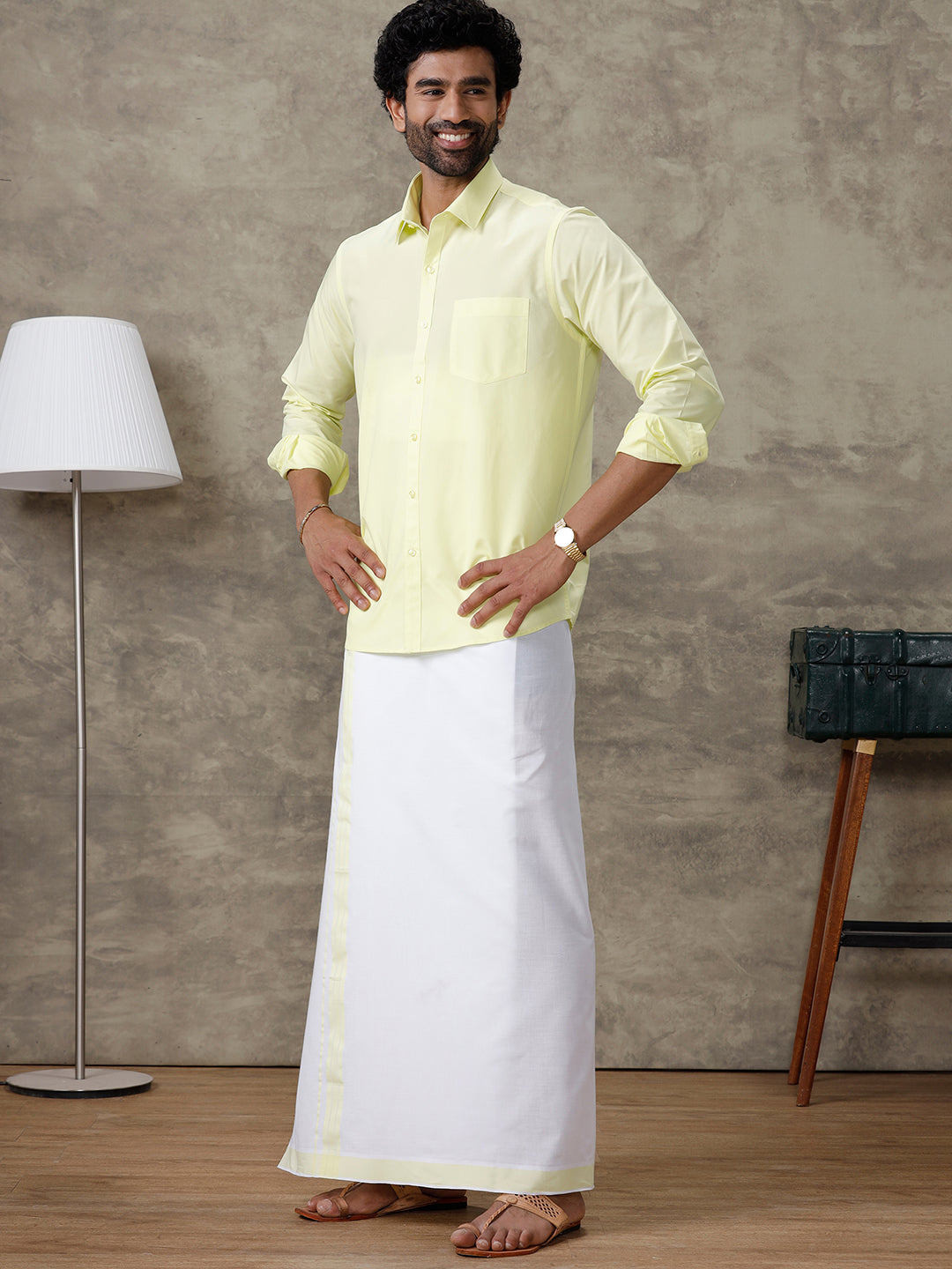 Men Laser Lemon Shirt With Matching Border Dhoti Set Trendy