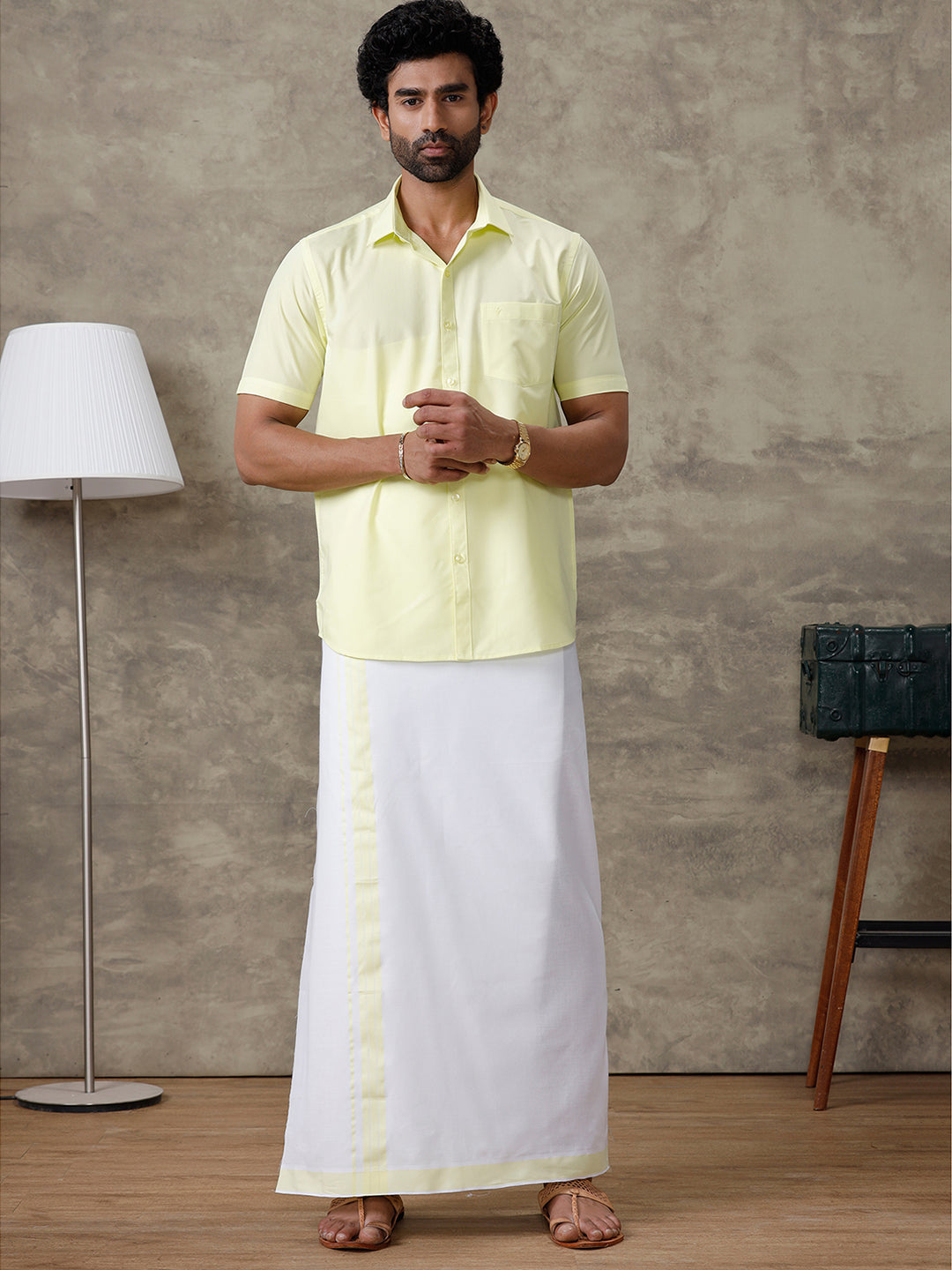 Men Laser Lemon Shirt With Matching Border Dhoti Set Trendy