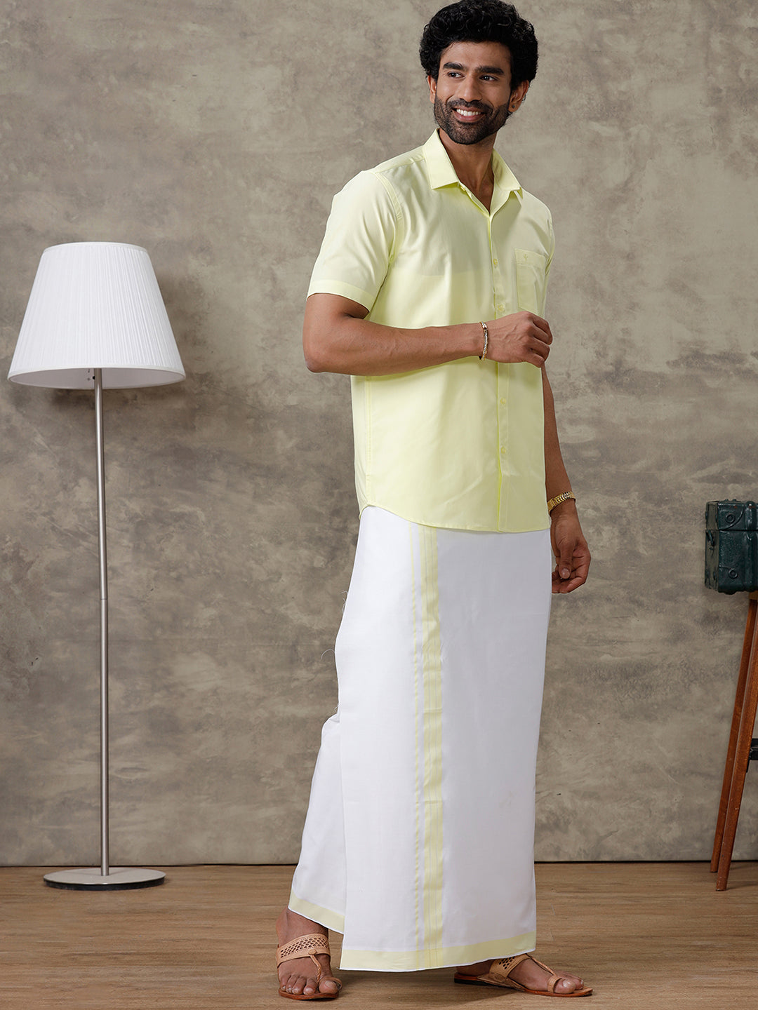 Men Laser Lemon Shirt With Matching Border Dhoti Set Trendy