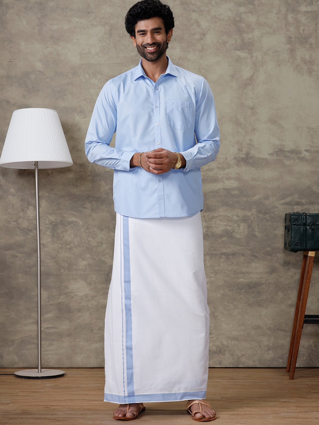 Men Perand Blue Shirt With Matching Border Dhoti Set Trendy