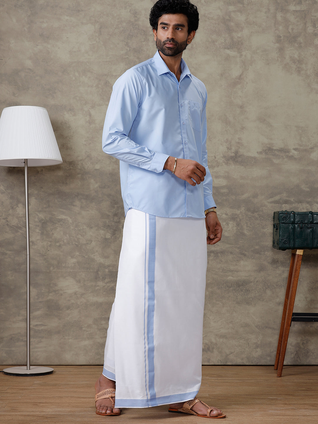 Men Perand Blue Shirt With Matching Border Dhoti Set Trendy