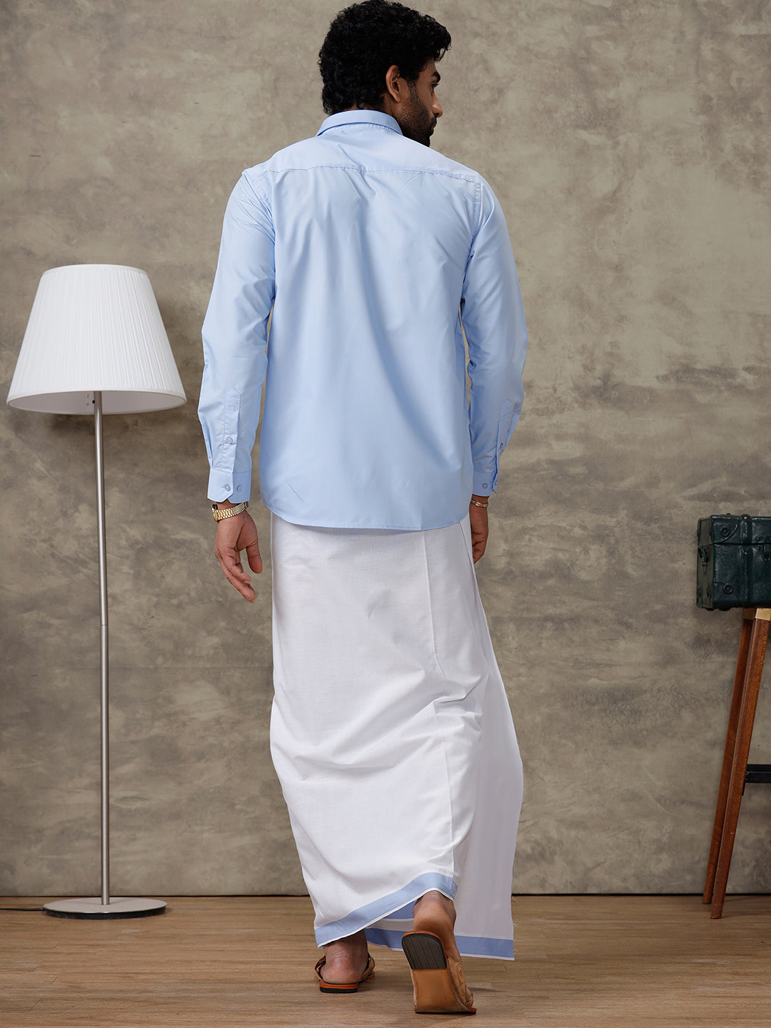 Men Perand Blue Shirt With Matching Border Dhoti Set Trendy